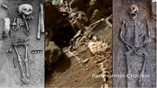 화성에서 발견된 외계인 유골로 주장되는 사진(중안)과 고고학자들이 고대유적지에서 발견한 인간의 유골. 사진=패러노블 크루서블 