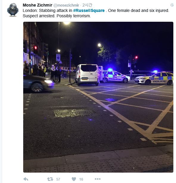 영국 런던 중심가에서 3일(현지시간) 흉기 난동 사건이 벌어져 1명이 사망하고 6명이 부상한 것으로 확인됐다. / 사진 출처 = 트위터