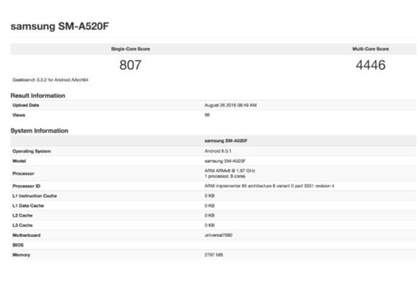 삼성전자가 2017년 버전(모델명 SM-A520F)으로 갤럭시 A5를  업그레이드하는 정황을 보여주는 벤치마크테스트 결과. 사진=태블리티/기크벤치