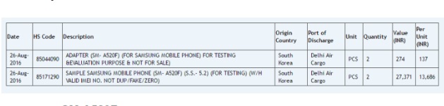 인도 통관 사이트 자우바를 통해 확인된 갤럭시A5의 통관 내용. 삼성전자는 인도연구소에서 갤럭시폰의 테스트를 진행한다. 사진=자우바 