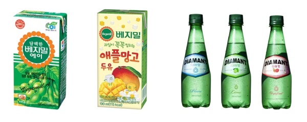 정식품 '베지밀' 두유(왼쪽)와 하이트진로 '디아망' 탄산수/사진=각 사 제공