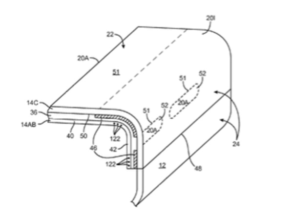 애플이 지난 달 특허를 확보한 엣지부분에  버추얼 버튼이 달려있는 곡면플렉서블 디스플레이 스마트폰 컨셉 도면. 사진=미특허청
