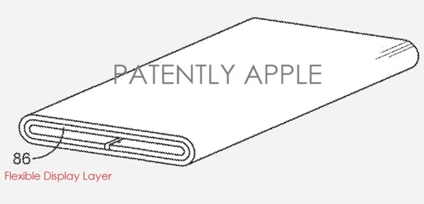 2013년 12월에 특허출원해 지난 달 미국특허를 확보한 애플의 플렉서블 디스플레이 스마트폰 컨셉. 사진=미특허청, 페이턴틀리 애플