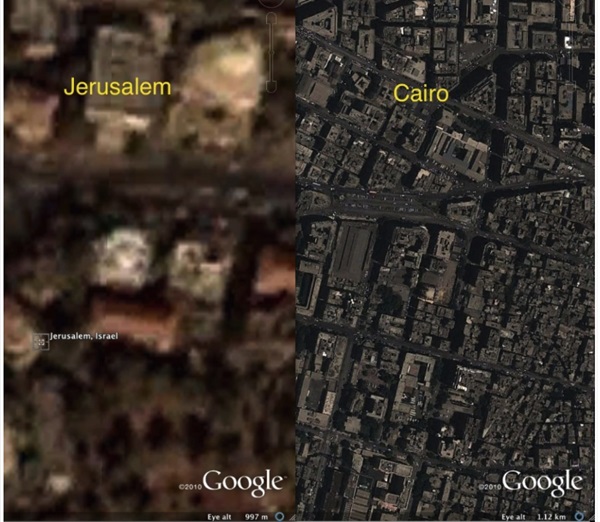 미국의 한 사이트가 이스라엘 예루살렘과 이집트 카이로의 지도를 비교한 사진. 사진=구글어스,리저널지오그블로그