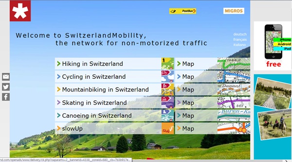 스위스 모빌리티의 다양한 서비스. 항목을 고르고 지도를 찾아서 여행계획을 세울 수 있다. 사진=스위스모빌리티