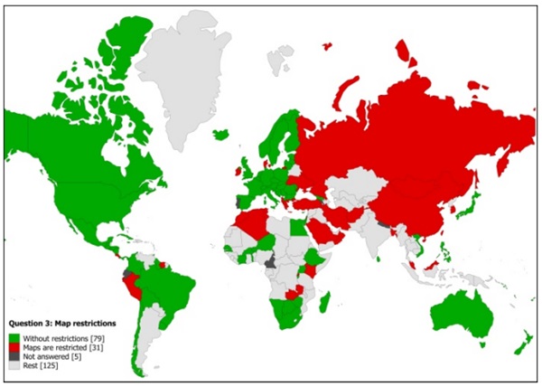 붉은 색이 지도반출 제한국가를 보여주고 있다.사진=UNGGIM/ISPRS 