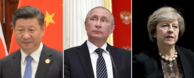 시진핑 중국 국가주석, 블라디미르 푸틴 러시아 대통령, 테리사 메이 영국 총리(왼쪽부터) / 사진=뉴시스