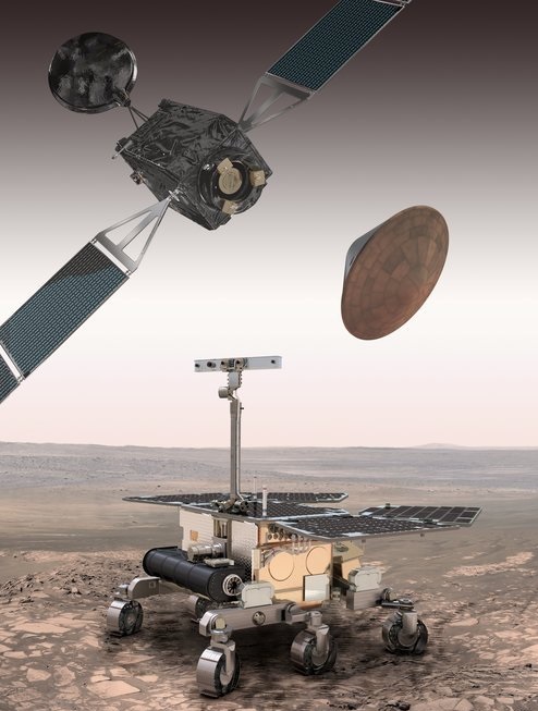 유럽우주국과 러시아우주국 합작 화성 탐사프로젝트인 '엑소마스'의 상상도. 맨 위는 화성 궤도 탐사 위성, 가운데는 착륙선 '스키아파렐리', 지상에 있는 무인탐사로봇은 '엑소마스 로버' / 사진=뉴시스