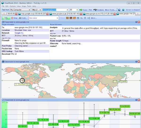              <br />
<br />
 말라위에서 서비스되고 있는 5000분의 1 한국지도데이터 서버가 미국 구글본사에 있음을 보여주는 서버추적 결과. 