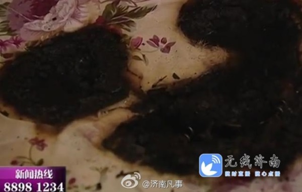 지난 16일 중국에서 아이폰5S 충전중 불이나 사용자의 침대 매트리스가 탄 모습. 사진=웨이보/마이드라이버스닷컴 