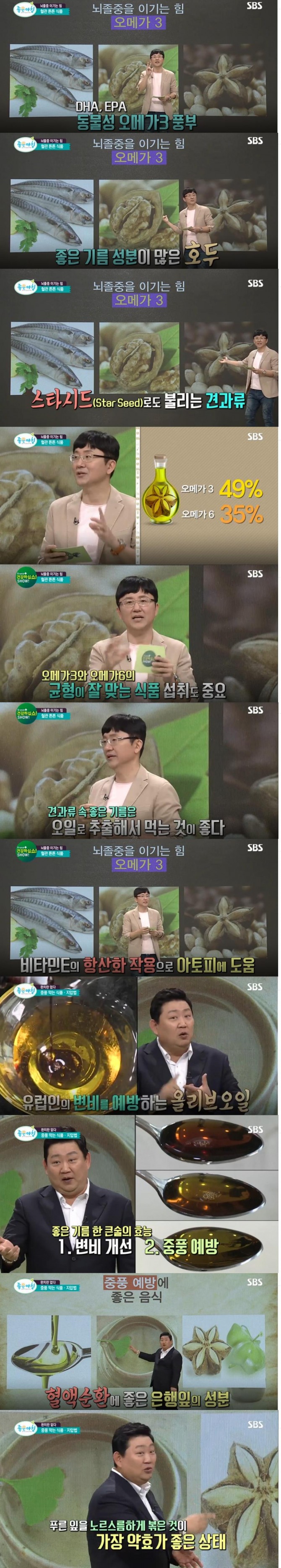 1일 방송된 SBS '좋은 아침'에서는 '뇌졸중을 이기는 힘' 편으로 등푸른 생선과 호두, 스타씨드, 은행잎 등이 소개됐다./사진=SBS 방송 캡처