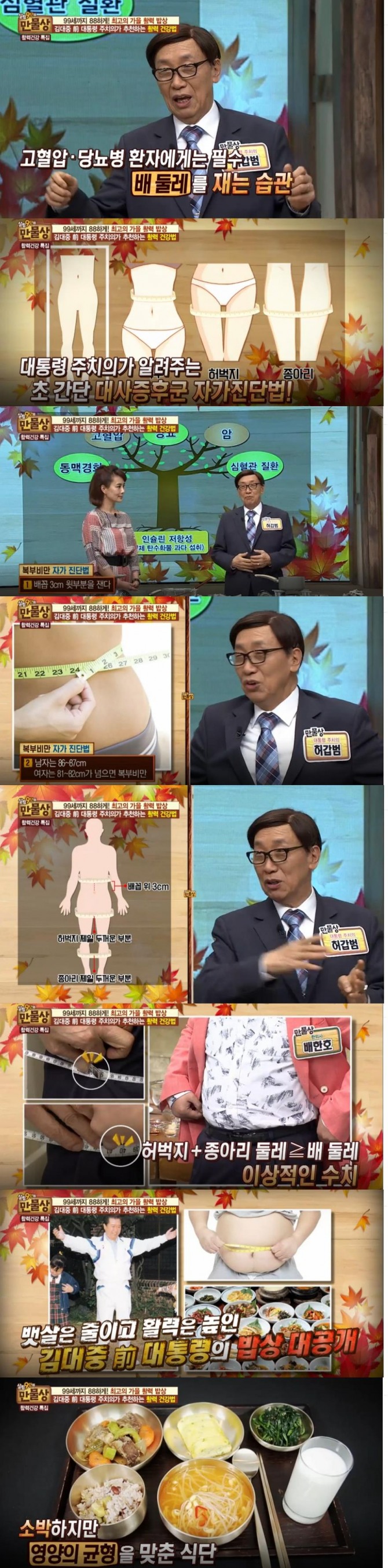 6일 밤 방송된 tv조선 '살림9단의 만물상'에서는 '99세까지 88하게' 특집편으로 복부비만 자가 진단법과 김대중 전 대통령의 건강식단이 소개돼 눈길을 끌었다./사진=tv조선 방송 캡처 