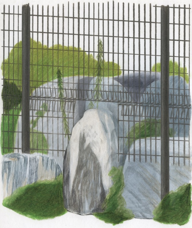 호상근 작 '튀어나온 돌과 펜스', 종이 위에 연필, 수채, 색연필, 36.4x25, 2016