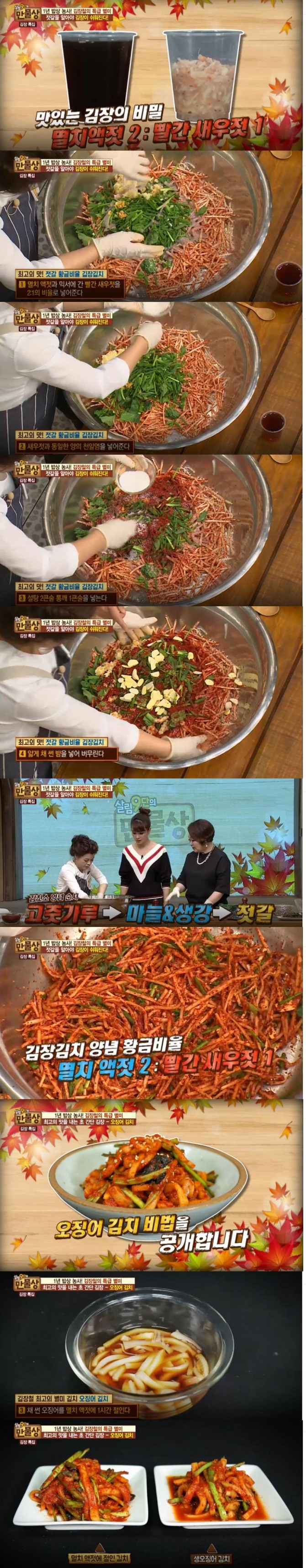 13일 밤 방송된 tv조선 '살림9단의 만물상'에서는 맛잇는 김장의 비밀로 멸치 액젓과 빨간 새우젓을 2:1의 비율로 사용하라는 비법이 공개됐다./사진=tv조선 방송 캡처