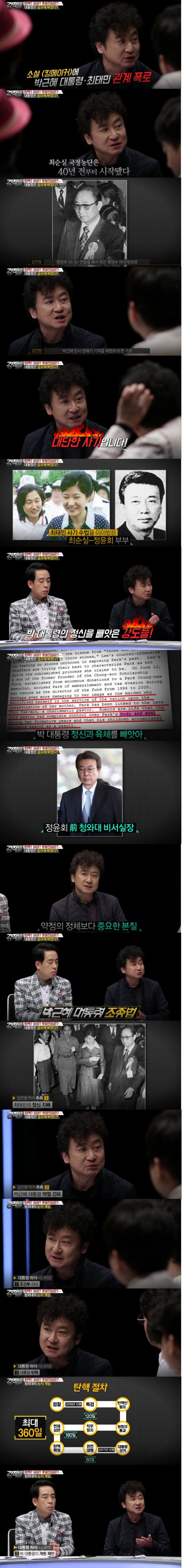 16일밤 방송된 tv조선 '강적들'에서는 김진명 작가가 출연해 박근혜 대통령 하야 시나리오 세 가지를 소개했다./사진=tv조선 방송 캡처