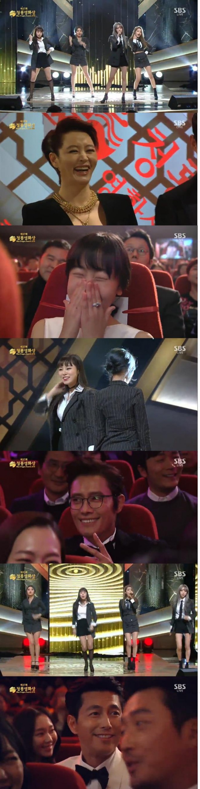 걸그룹 마마무가 지난 25일 방송된 '2016 청룡영화제' 시상식 출하무대에서 신곡 '대칼코마니'를 개사한 노래로 화제를 모으고 있다./사진=SBS 방송 캡처