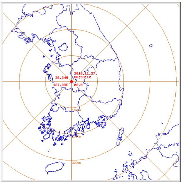 오늘 오전 6시53분 12초에 대전지역에서 발생한 진도 2.5 지진 상황 지도. 사진=기상청 