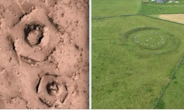 화성궤도탐사선(MRO)가 화성의 적도부근에서 촬영한 사진은 인공구조물(왼쪽)처럼 보인다. 지구에서 발견된 매장지의 유적. 사진=나사/유튜브 