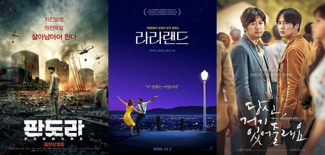 [박스오피스 영화순위 TOP10] 1위-'판도라' 2위-'라라랜드' 3위-'당신, 거기 있어줄래요' 4위-'형' '아기배달부 스토크' '신비한 동물사전' '원피스 필름 골드' '미씽: 사라진 여자' '스노우 타임' '목숨 건 연애'...관객 점유율, 개봉일, 누적관객수, 장르, 감독, 출연배우, 줄거리, 상영등급, 런닝타임 (TOP10 영화 순위, 영화 추천, 최신 개봉영화) /사진= 각 영화 공식 포스터