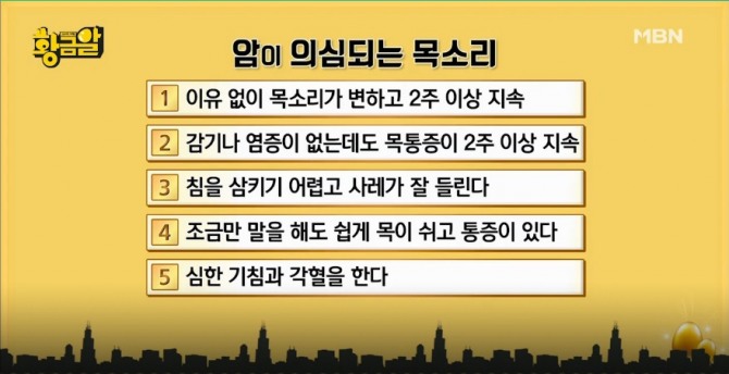 '고수의 비법 황금알' 갑상선암, 식도암, 후두암, 폐암 초기증상...암이 의심되는 목소리 증상? (ft.우지은 보이스컨설턴트) /사진=MBN 월요일 예능 '황금알' 방송캡처( '황금알' 목소리가 성공을 부른다! 암이 의심되는 목소리 증상)