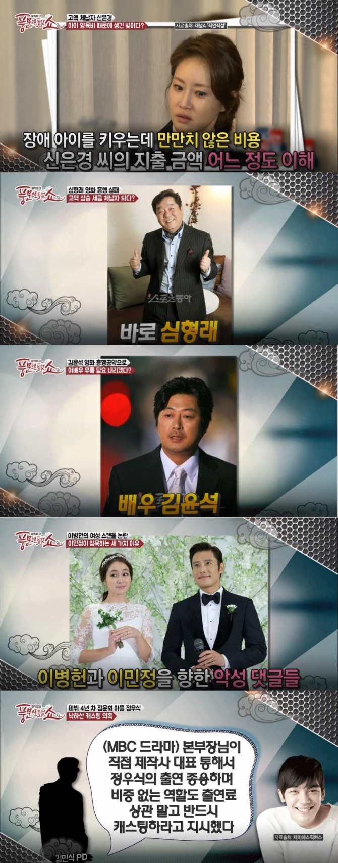 '풍문으로 들었쇼' 최순실 게이트, 가려진 연예게 사건사고?...이병헌, 이민정, 정윤회 친아들 정우식, 신은경, 심형래, 김윤석 언급 /사진=채널A '풍문으로 들었쇼' 방송캡처 ('풍문으로 들었쇼' 최순실 게이트에 가려진 연예계 사건사고)