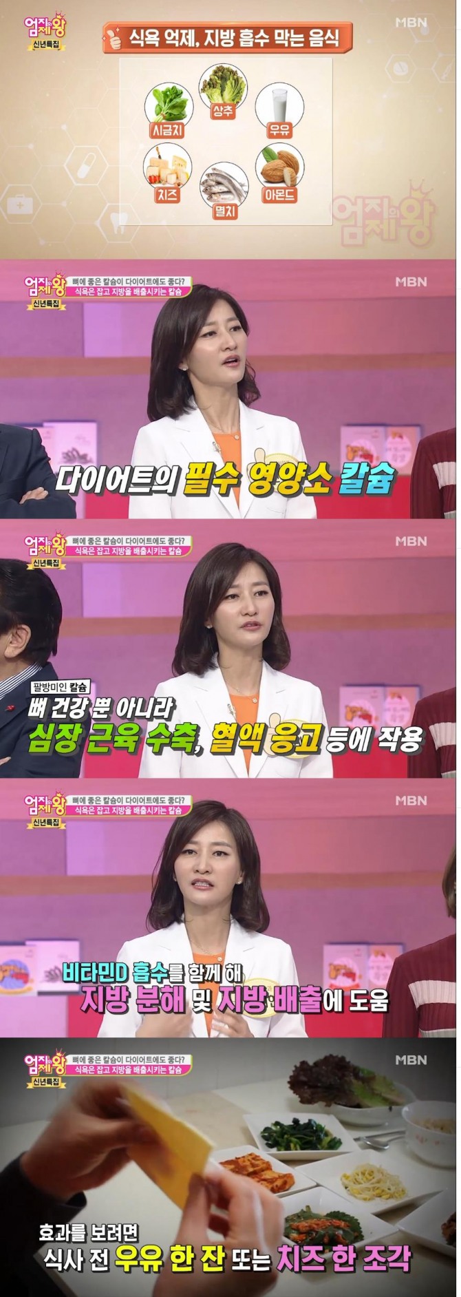 3일 방송된 MBN '엄지의 제왕'에서는 식욕 억제와 지방 흡수를 막는 음식으로 시금치, 상추, 우유, 치즈 등 칼슘이 풍부한 식품이 소개됐다./사진=MBN 방송 캡처