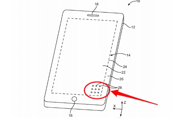 애플이 최근 미국특허청으로부터 특허받은 첨단 디스플레이 특허. 디스플레이 아랫부분에 눈에 보이지 않는 구멍을 뚫어놓은 고안이다. 사진=미특허청/비즈니스인사이더   
