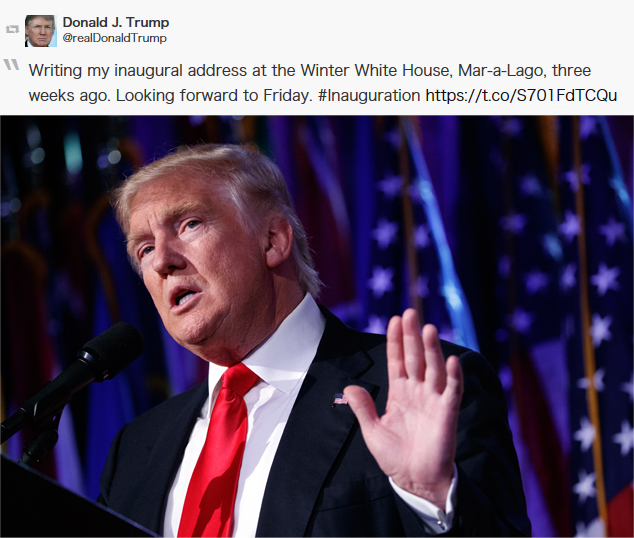 금요일(대통령 취임식)이 기다려진다는 트럼프 당선인의 트위터 내용 / 사진=뉴시스, 트럼프 트위터 캡쳐
