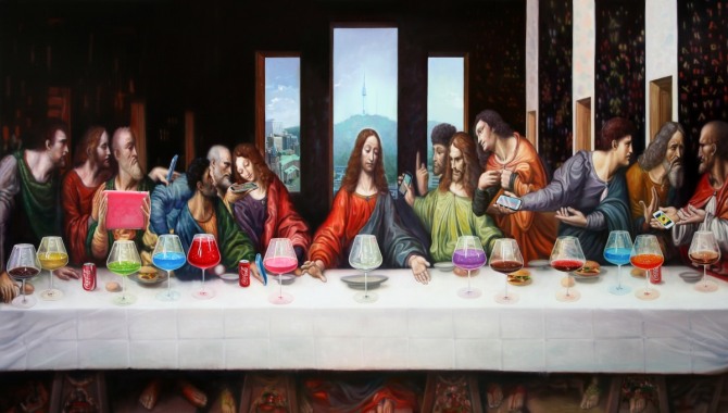 유용상 작 'The 21c Last   supper ㅡ Nonpossession(21 C최후의 만찬 - 무소유)', 194 X 112cm, Oil on canvas, 2015