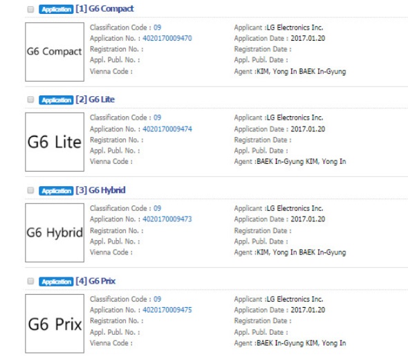 LG전자가 상표등록한 다양한 제품 명칭. G6컴팩트, G6라이트 같은 명칭이 보인다. LG는 그동안 컴팩트버전을 만든 이력이 있다. 사진=GSM인포  