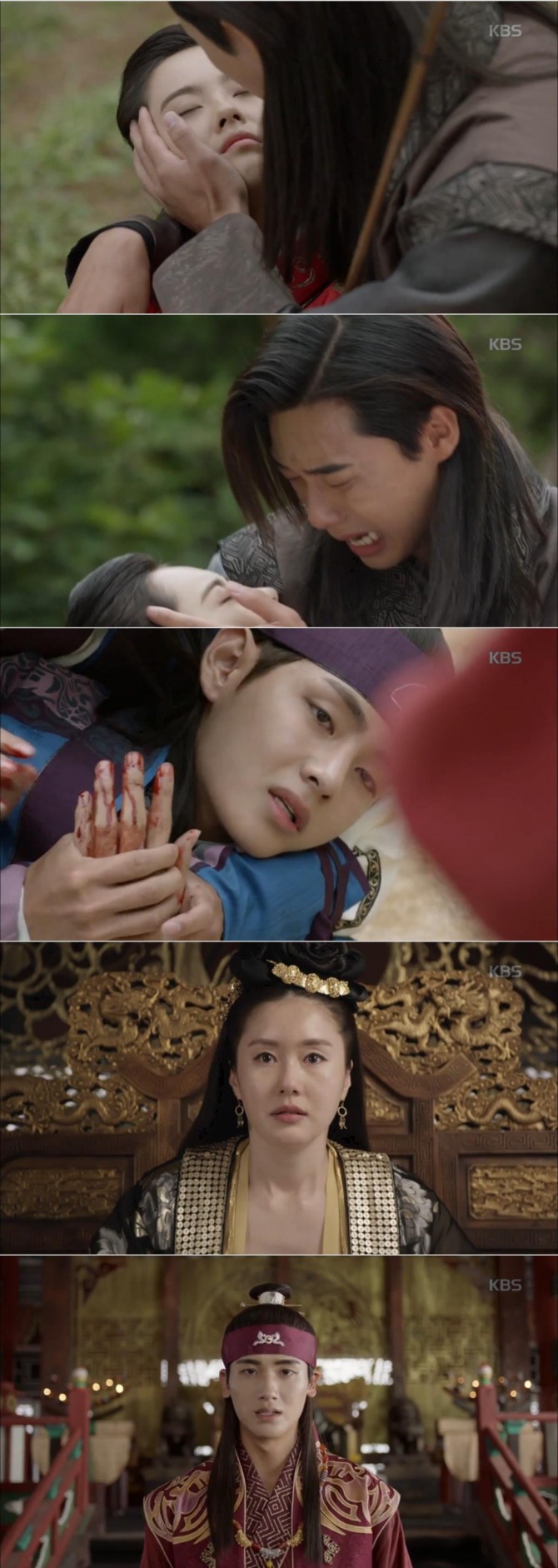 14일 밤 방송된 KBS2 월화드라마 '화랑' 18회에서 원화가 된 아로(고아라)는 선우(박서준)를 대신해 활을 맞고 쓰러졌다./사진=KBS2 방송 캡처