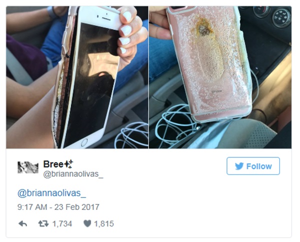 브라이안나 올리바스라는 여성이 아이폰7플러스 발화사건을 겪으면서 애플에 비상이 걸렸다.사진=브라이안나 올리바스 트위터 