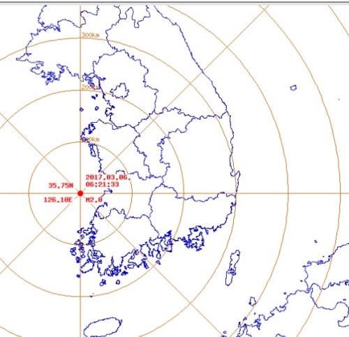 기상청은 6일 오전 6시 21분경 전북 부안군 위도 북서쪽 24km 해역서 규모 2.0 지진이 발생했다고 발표했다./기상청