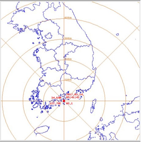 14일 오전 5시 46분께 전남 여수시 남동쪽 17㎞ 지역에서 규모 2.1의 지진이 발생했다./기상청 