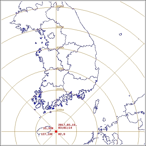  19일 오전 3시1분께 제주 서귀포시 성산 동남동쪽 29㎞ 해역에서 규모 2.9의 지진이 발생했다. /기상청