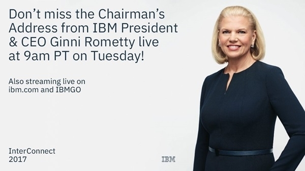  IBM이 지난 19일부터 진행중인 인터커넥트2017에서 클라우드 기업들을 위한 새로운 솔루션을 대거 발표했다. 지니 로메티 IBM회장의 연설을 소개하는 사진. 한국IBM=제공