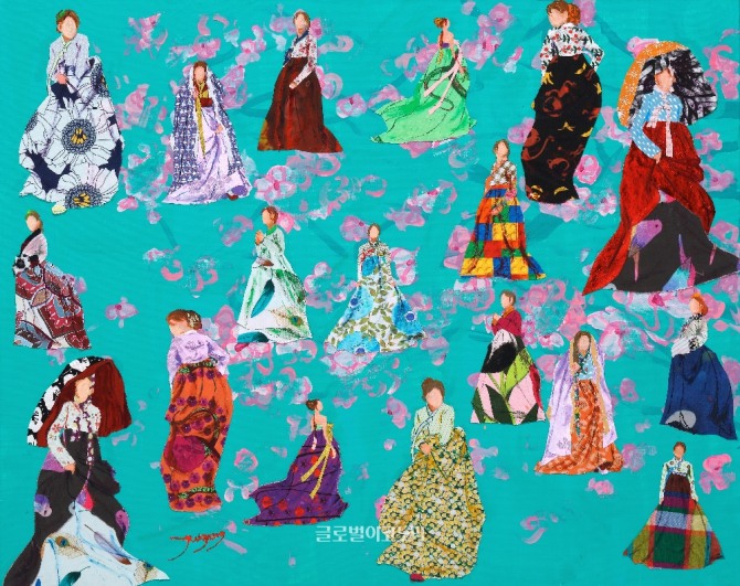 봄 처녀, 72.7×91cm, acrylic&amp;fabric collage on canvas