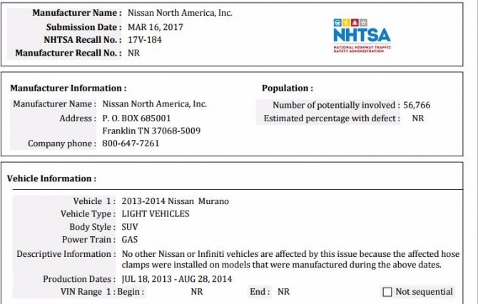 미국 도로교통안전국은 자난 16일 미국 닛산 SUV'무라노'에 대해 리콜을 결정했다.  사진 - 미국 도로교통안전국 홈페이지 