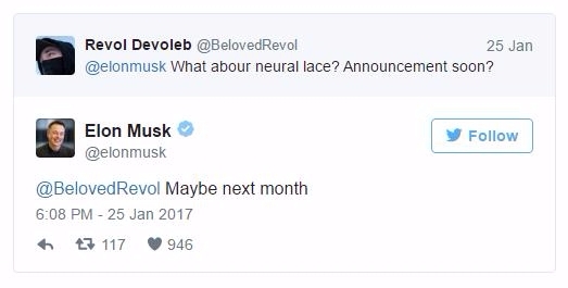 올해 1월 엘론 머스크는 자신의 트위터에 '신경연결'(neural lace)에 대해 짧게 언급했다. 사진=엘론머스크 트위터 캡쳐 