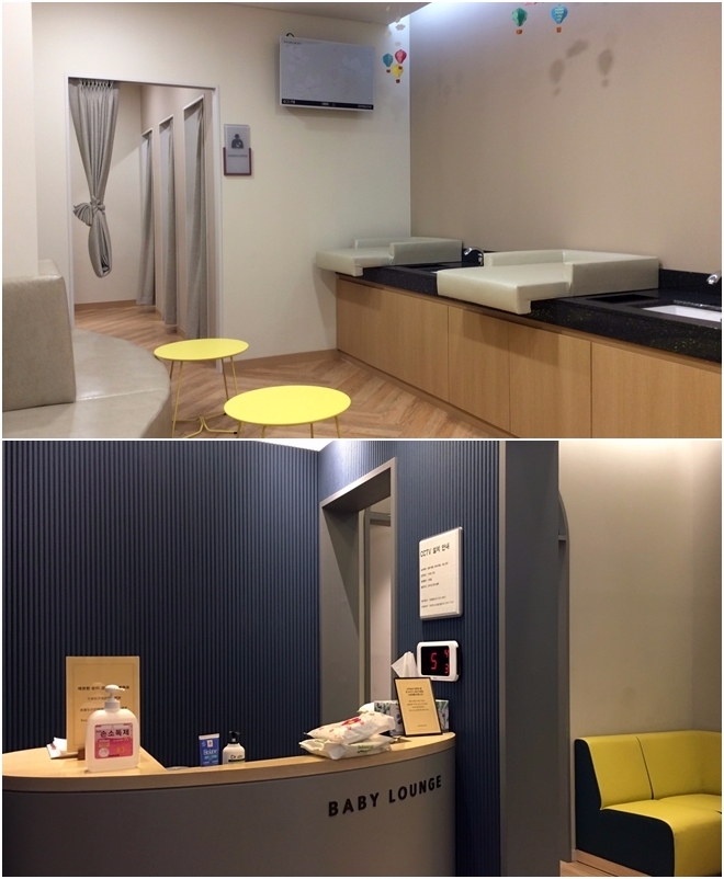5일 방문한 시흥 프리미엄 아울렛 내부 수유실 모습(위)과 서울 을지로 신세계 본점에서 운영 중인 수유실 '베이비 라운지'(아래)의 모습. 신세계는 자녀를 동반한 30‧40대 주부를 메인 타깃으로 선정했다고 밝혔지만, 일부 손님들에게 정작 유모차를 끈 부모들을 위한 시설은 미흡하다는 지적이 나왔다. 사진=한지명 기자