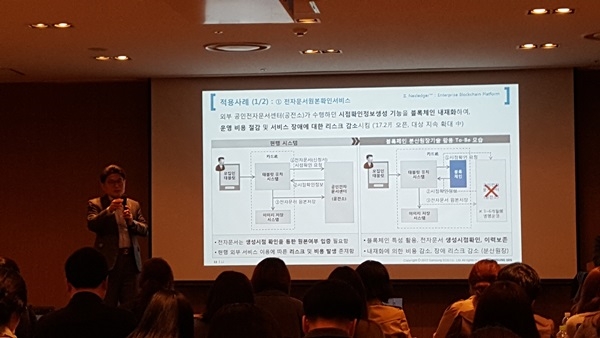 송광우 삼성SDS상무가 자사가 개발한 블록체인 플랫폼 기반의 전자문서 원본확인서비스에 대해 설명하고 있다.사진=이재구기자 