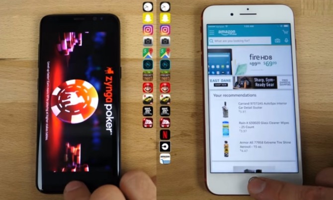 차례로 응용프로그램을 열어과는 과정에서 갤럭시 S8이 점차 속도가 느려지기 시작했다. 자료=EverythingApplePro (YouTube) 동영상 캡처