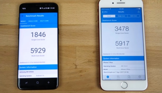  '긱벤치(Geekbench)' 벤치마크 테스트 결과. 자료=EverythingApplePro (YouTube) 동영상 캡처