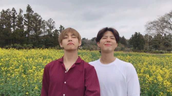 방탄소년단 뷔가 탤런트 박보검과 함께 담은 제주도 여행 인증샷을 17일 공식 트위터에 게재했다. 사진=방탄소년단 공식 트위터 캡처