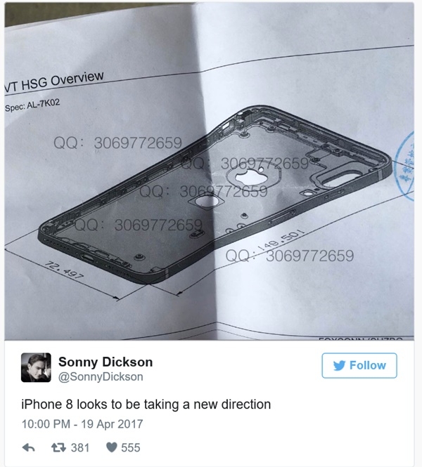소니딕슨이 자신의 트위터에서 아이폰8이라는 도면 사진을 공개하고 애플은 새로운 방향을 택하려는 것으로 보인다고 썼다. 사진=소니 딕슨 트위터 