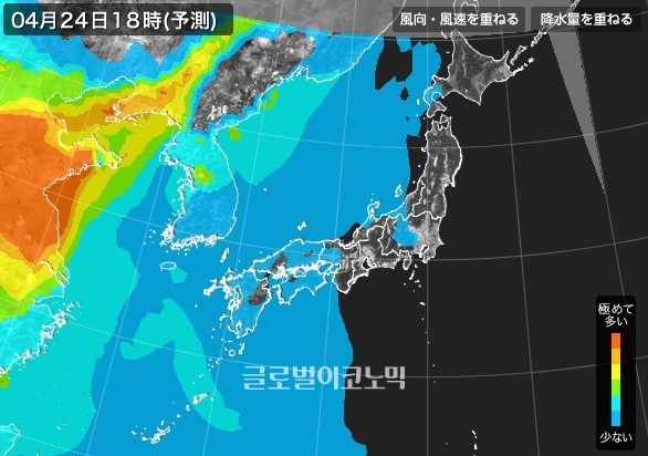월요일(24일) 한반도 전역에서 약한 초미세먼지가 관측되고 있지만 수도권 일부 지역을 제외하면 활동하기 좋은 수준이다 / 사진=일본기상협회