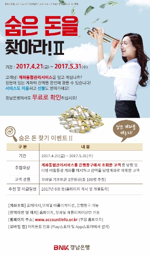 BNK경남은행은 계좌통합관리서비스 2단계 시행에 맞춰 5월 31일까지 '숨은 돈을 찾아라 II 이벤트'를 진행하고 있다. BNK경남은행=제공