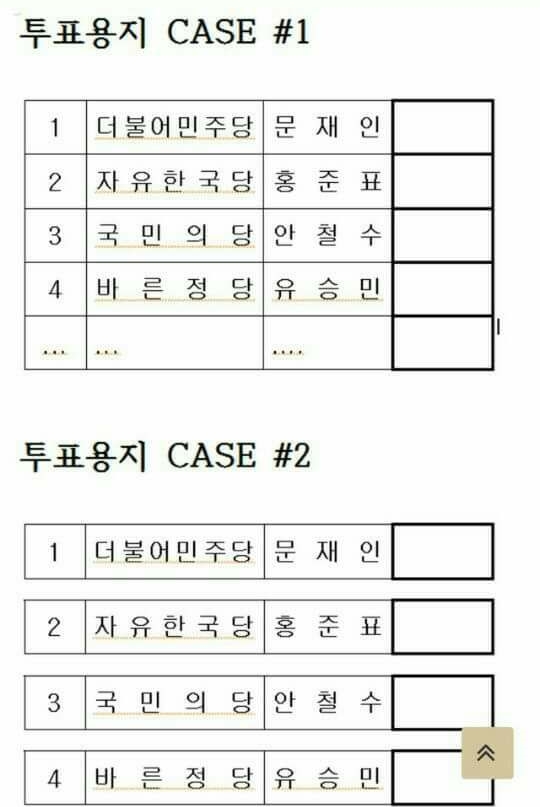 4일 사전투표를 한 유권자들 가운데 일부가 사진의 case 1처럼 후보자간 간격이 없는 용지를 받았다는 주장이 나와 논란이 됐다. 중앙선거관리위원회 측은 후보자간 간격이 있는 용지 한 개만 존재한다고 공식 설명했다.