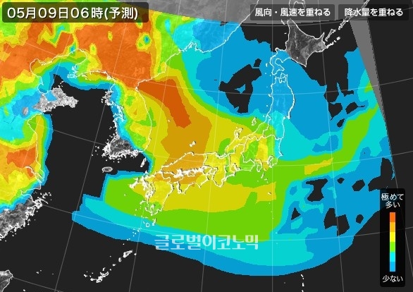 제19대 대선일인 9일 한반도 전역에 비예보가 내린 가운데 투표가 시작되는 오전 6시부터 초미세먼지는 동해상으로 빠져나갈 것으로 전망된다 / 사진=일본기상협회