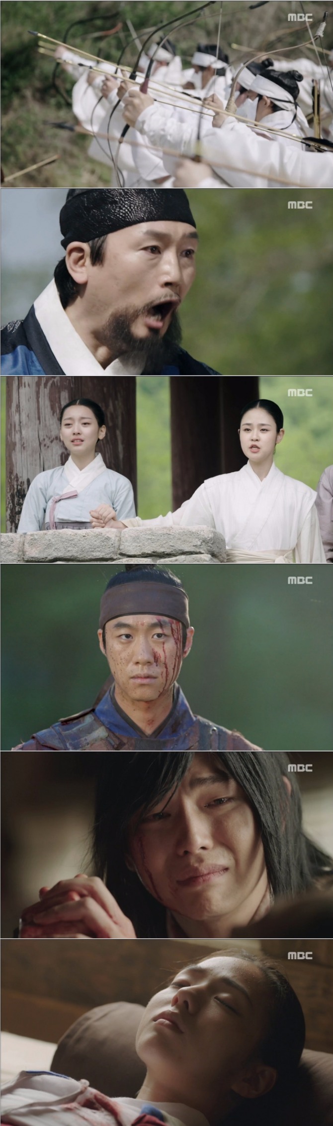 8일 밤 방송된 MBC 월화드라마 '역적:백성을 훔친 도적'에서는 홍길동(윤균상)이 백성들을 지키기 위해 아내 가령(채수빈)을 직접 활로 쏘아 희생시키는 눈물겨운 장면이 그려졌다. 사진=MBC 방송 캡처
